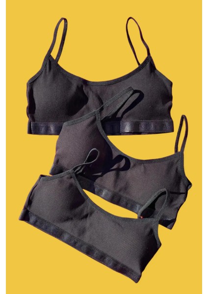 Kadın Fitilli Siyah Ip Askılı Çıkarılabilir Pedli Büstiyer Yarım Atlet 3 Adet