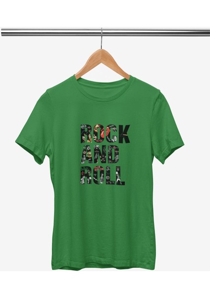 Rock And Roll Baskılı / Kadın Çok Renkli T-Shirt %100 Pamuk Regular Fıt Rahat Kalıp fiyatları