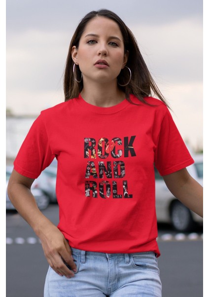 Rock And Roll Baskılı / Kadın Çok Renkli T-Shirt %100 Pamuk Regular Fıt Rahat Kalıp