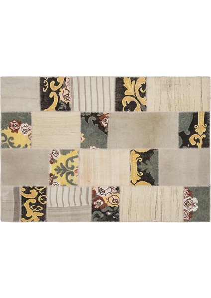 Bej Patchwork Etnik Modern Desenli Yün Hav Toz Vermez Leke Tutmayan Salon Yolluk Mutfak El Dokuma Halı
