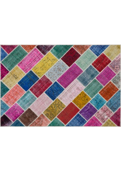 Mavi Patchwork Yün Modern Desenli Yün Hav Toz Vermez Leke Tutmayan Salon Yolluk Mutfak El Dokuma Halı