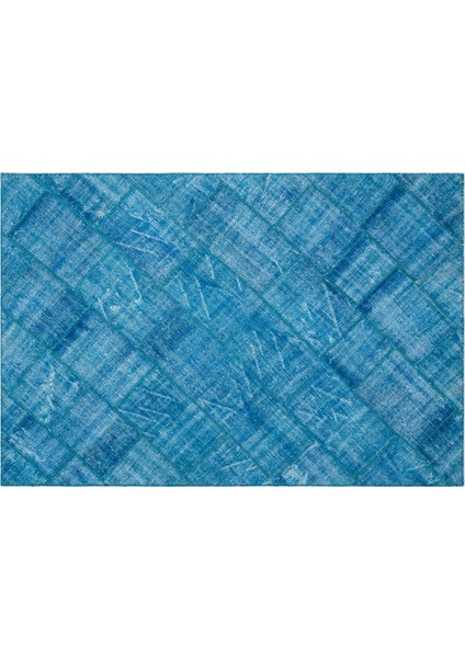 Mavi Patchwork Etnik Modern Desenli Yün Hav Toz Vermez Leke Tutmayan Salon Yolluk Mutfak El Dokuma Halı