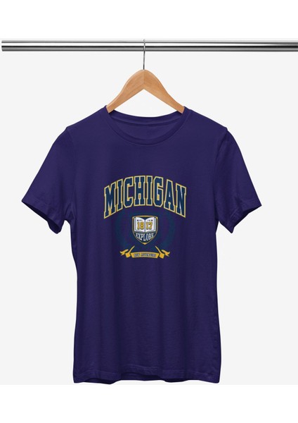 Mıchıgan 1817 Baskılı / Kadın Çok Renkli T-Shirt %100 Pamuk Regular Fıt Rahat Kalıp fiyatları
