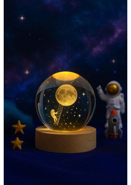 Ledli Usb'li Ahşap Standlı Merdivenle Aya Çıkan astronot Temalı Küre Gün Işığı 3D Oda Gece Lambası