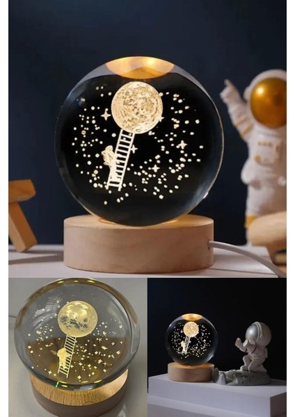 Ledli Usb'li Ahşap Standlı Merdivenle Aya Çıkan astronot Temalı Küre Gün Işığı 3D Oda Gece Lambası modelleri