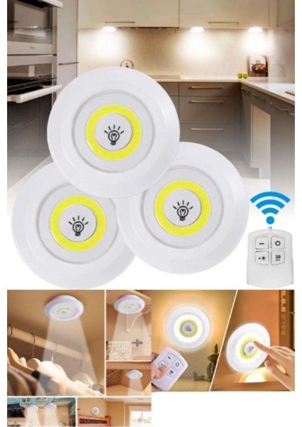 Uzaktan Kumandalı Yapışkanlı Kablosuz Pilli LED 3'lü Spot Lamba