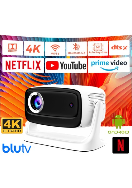 Lensun 4K Full Hd New 15 LED Projeksiyon Cihazı – 200 Inç, Wi-Fi, Bluetooth 5.2, Hdmı/usb/playstore, Android Tv, Otomatik Görüntü Düzeltme, Dahili Hoparlör