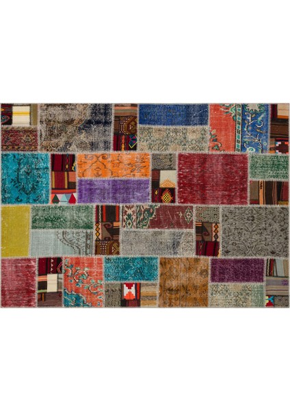 Bej Patchwork Etnik Modern Desenli Yün Hav Toz Vermez Leke Tutmayan Salon Yolluk Mutfak El Dokuma Halı