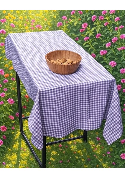 Lila Happy Camper Pötikare Pamuk Dokuma Çevre Dostu Kamp Karavan Masa Örtüsü 120 cm