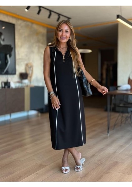 Kadın Modal Kumaş Şerit Detaylı Fermuarlı Midi Elbise S-Siyah modelleri