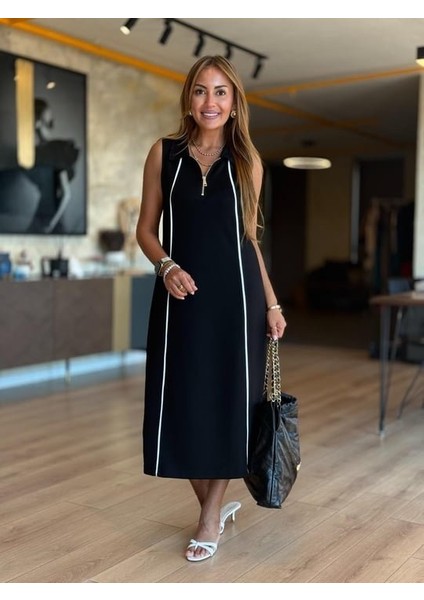 Kadın Modal Kumaş Şerit Detaylı Fermuarlı Midi Elbise S-Siyah fırsatları