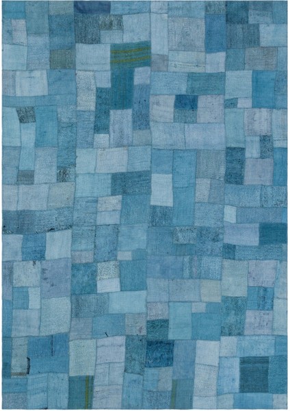 Teselya Mavi Patchwork Etnik Modern Desenli Yün Hav Toz Vermez Leke Tutmayan Salon Yolluk Mutfak El Dokuma Halı