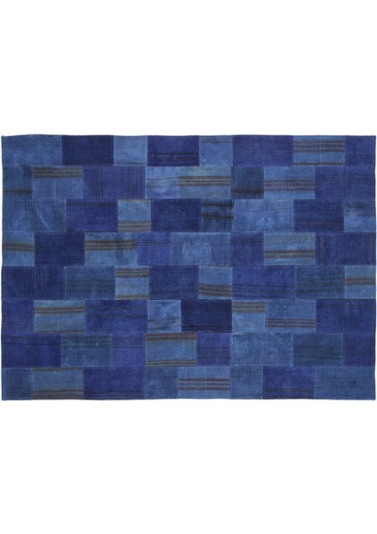Mavi Patchwork Etnik Modern Desenli Yün Hav Toz Vermez Leke Tutmayan Salon Yolluk Mutfak El Dokuma Halı
