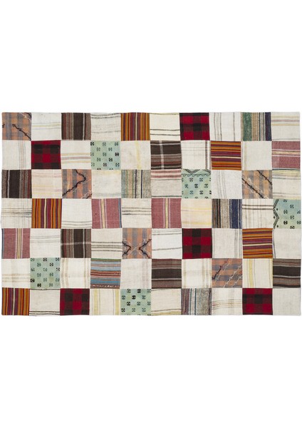 Bej Patchwork Etnik Modern Desenli Yün Hav Toz Vermez Leke Tutmayan Salon Yolluk Mutfak El Dokuma Halı