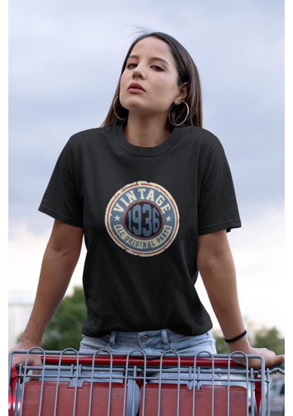 Vintage Baskılı / Kadın Çok Renkli T-Shirt %100 Pamuk Regular Fıt Rahat Kalıp