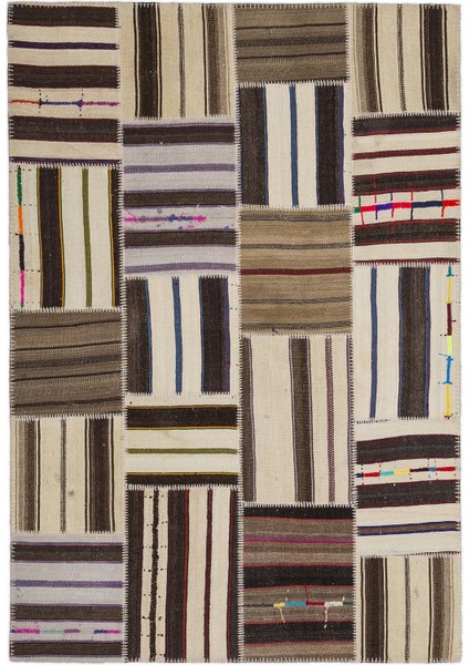 Teselya Bej Çizgili Etnik Modern Desenli Yün Hav Toz Vermez Leke Tutmayan Salon Yolluk Mutfak El Dokuma Halı