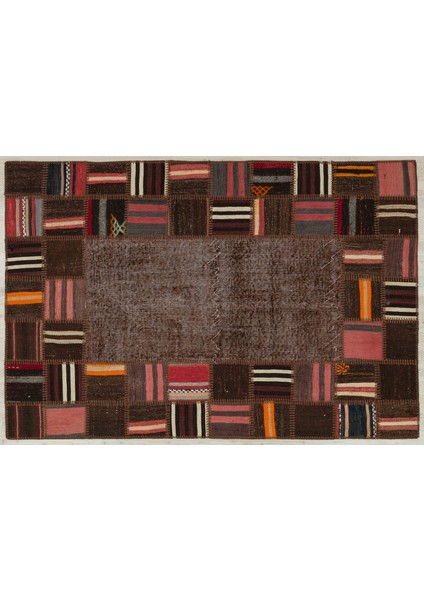 Kahverengi Patchwork Etnik Modern Desenli Yün Hav Toz Vermez Leke Tutmayan Salon Yolluk Mutfak El Dokuma Halı