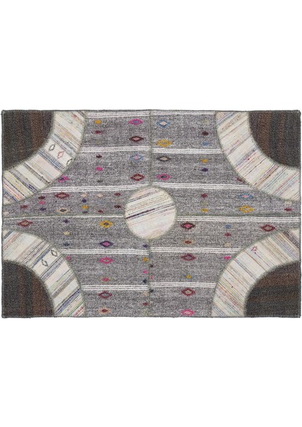 Kahverengi Patchwork Etnik Modern Desenli Yün Hav Toz Vermez Leke Tutmayan Salon Yolluk Mutfak El Dokuma Halı