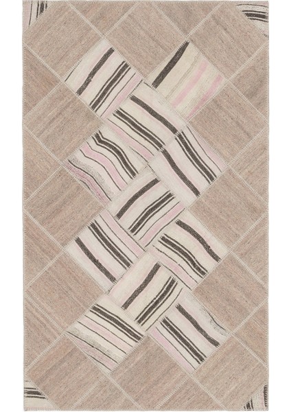 Teselya Bej Çizgili Yün Modern Desenli Yün Hav Toz Vermez Leke Tutmayan Salon Yolluk Mutfak El Dokuma Halı