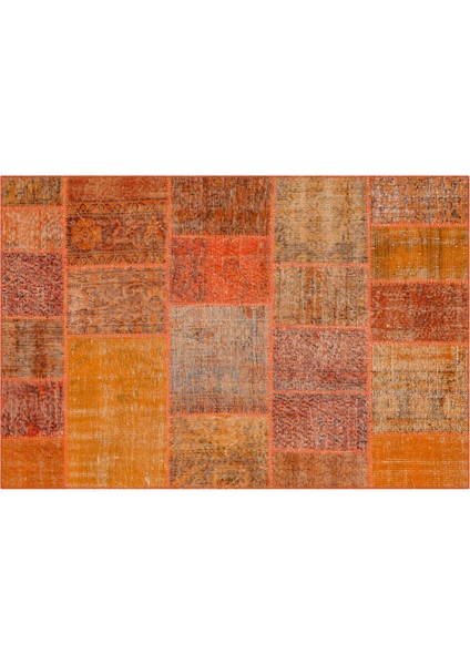 Turuncu Eskitme Etnik Modern Desenli Yün Hav Toz Vermez Leke Tutmayan Salon Yolluk Mutfak El Dokuma Halı