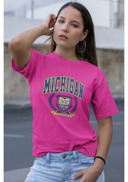 Mıchıgan 1817 Baskılı / Kadın Çok Renkli T-Shirt %100 Pamuk Regular Fıt Rahat Kalıp