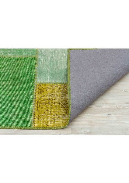 Yeşil Patchwork Etnik Modern Desenli Yün Hav Toz Vermez Leke Tutmayan Salon Yolluk Mutfak El Dokuma Halı fiyatları
