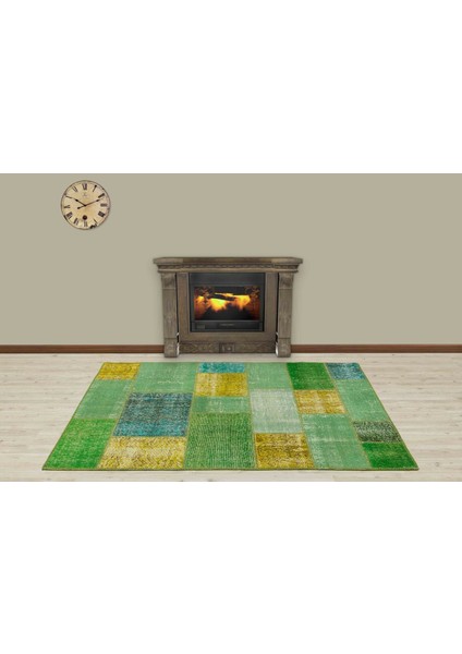 Yeşil Patchwork Etnik Modern Desenli Yün Hav Toz Vermez Leke Tutmayan Salon Yolluk Mutfak El Dokuma Halı modelleri