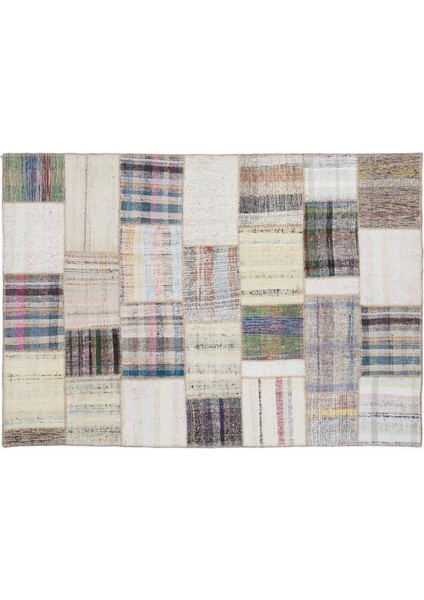 Bej Patchwork Etnik Modern Desenli Yün Hav Toz Vermez Leke Tutmayan Salon Yolluk Mutfak El Dokuma Halı