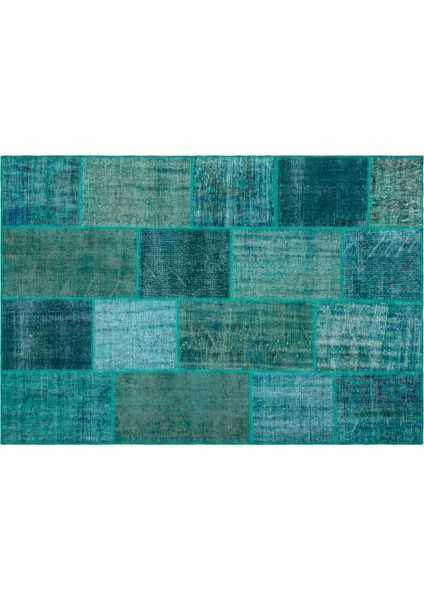 Turkuaz Patchwork Yün Modern Desenli Yün Hav Toz Vermez Leke Tutmayan Salon Yolluk Mutfak El Dokuma Halı