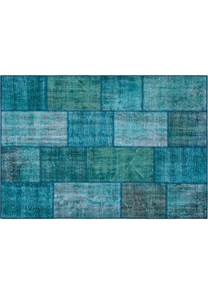 Turkuaz Patchwork Etnik Modern Desenli Yün Hav Toz Vermez Leke Tutmayan Salon Yolluk Mutfak El Dokuma Halı