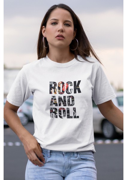 Rock And Roll Baskılı / Kadın Çok Renkli T-Shirt %100 Pamuk Regular Fıt Rahat Kalıp