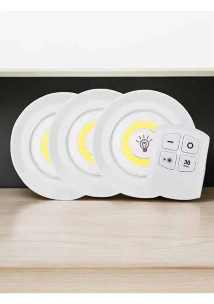 Spot Lamba LED Işık 3'lü Uzaktan Kumandalı Pilli Yapışkanlı Kablosuz