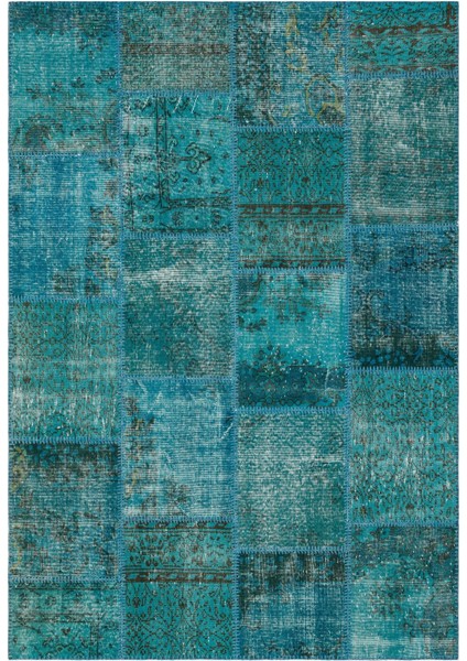 Atina Turkuaz Eskitme Yün Modern Desenli Yün Hav Toz Vermez Leke Tutmayan Salon Yolluk Mutfak El Dokuma Halı