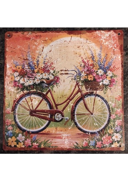 Retro Çiçekli Bisiklet Temalı Uv Baskılı Alüminyum Dekoratif Levha– Metal Duvar Süsü fiyatları