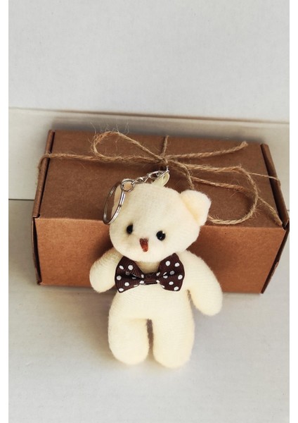 Peluş Krem Fiyonklu Ayıcık Anahtarlık -11CM - Oyuncak - Çanta Süsü - Doğum Günü