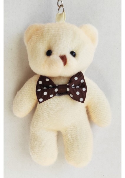 Peluş Krem Fiyonklu Ayıcık Anahtarlık -11CM - Oyuncak - Çanta Süsü - Doğum Günü modelleri