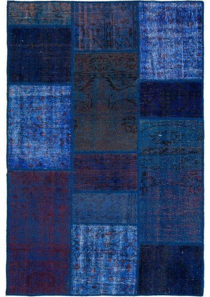 Teselya Turkuaz Patchwork Yün Modern Desenli Yün Hav Toz Vermez Leke Tutmayan Salon Yolluk Mutfak El Dokuma Halı