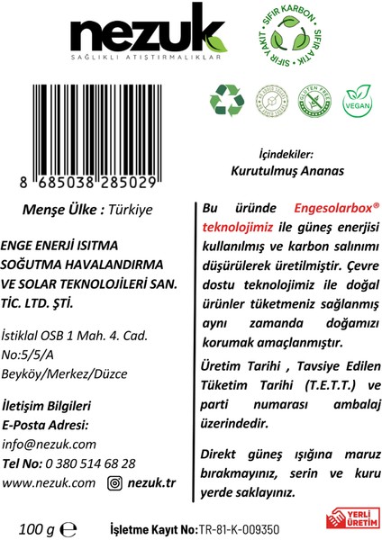 Kurutulmuş Doğal Ananas 100 gr fırsatları