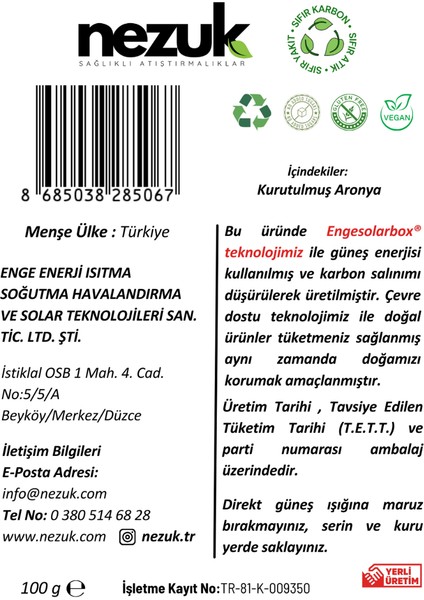 Kurutulmuş Doğal Aronya 100G fırsatları