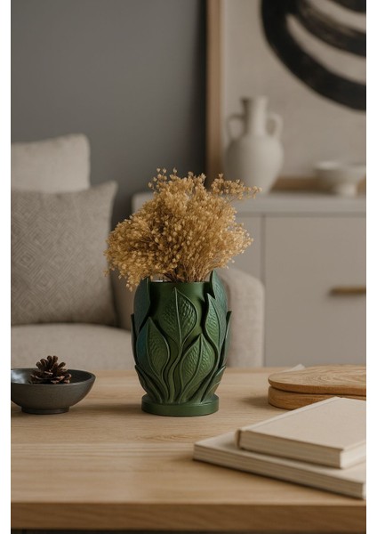 Yeşil Yaprak Desenli Dekoratif Vazo Salon Dekoru Botanik Desenli Vazo