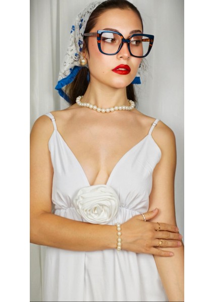 Mavi Çiçek Desenli Dantel Şal , Bandana , Fular