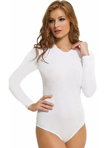 Kadın Beyaz Pamuk Likralı Uzun Kollu Çıtçıtlı Body 4058 ANT4058
