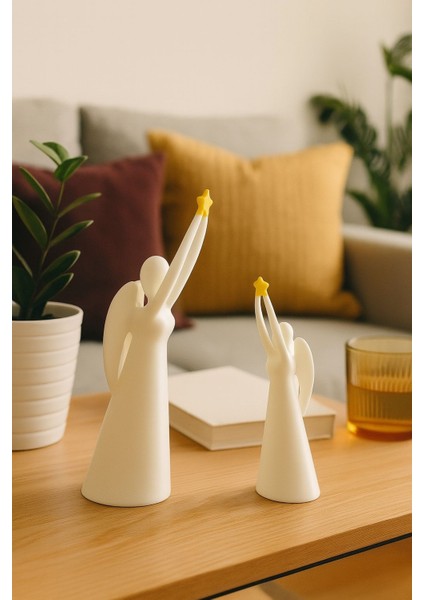 Yıldız Tutan Melek 2li Dekoratif Biblo Minimal Dekor Obje Melek Figürü