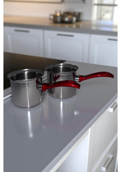 2'li Set Paslanmaz Çelik Cezve Kırmızı Kulplu 12CM