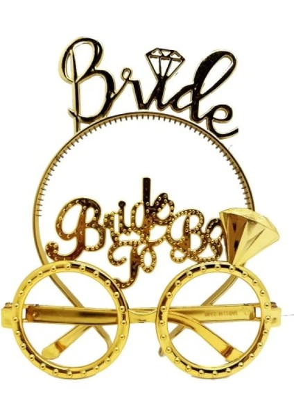 Bride Yazılı Taç ve Bride To Be Yazılı Gözlük Seti Altın Renk