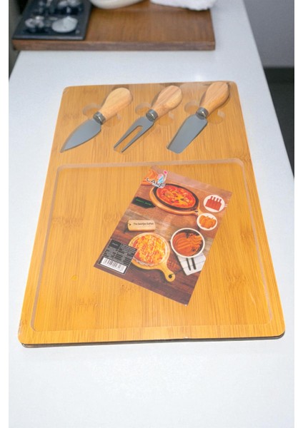 Özel Bambu 3 Bıçaklı Dekoratif Sunum Tahtası Kahvaltı Seti 34 x 24 cm