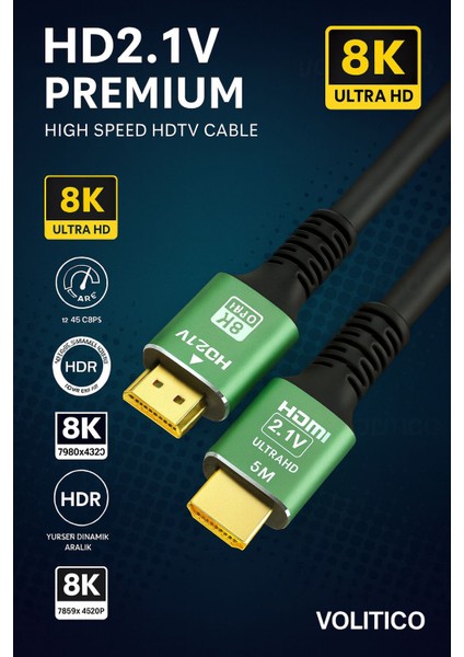 HDMI 2.1 Premium Kablo 5 Metre – 8k Ultra Hd, 48GBPS, Hdr Desteği
