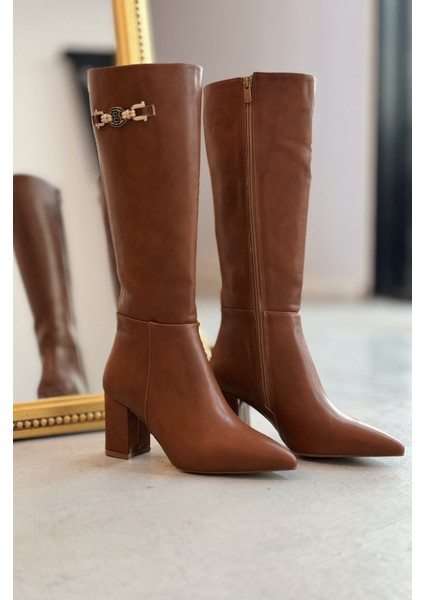 Vivennet Mat Deri Kalın Topuklu Fermuarlı Toka Detaylı Taba Kadın Çizme