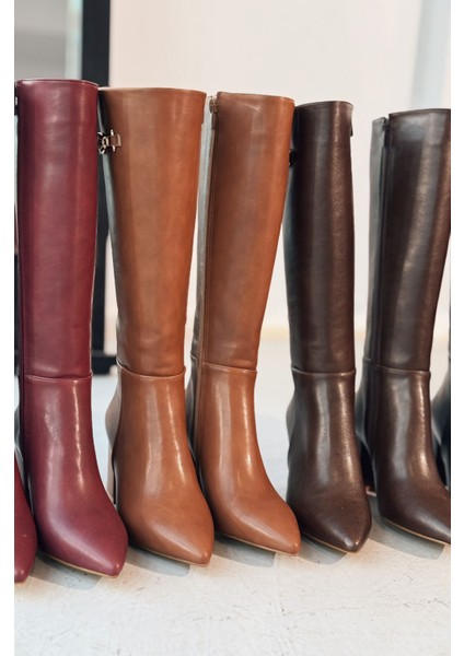 Vivennet Mat Deri Kalın Topuklu Fermuarlı Toka Detaylı Taba Kadın Çizme fiyatları