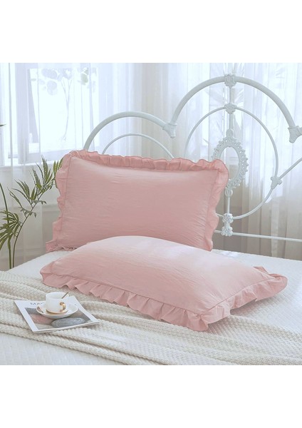 Yüzde Yüz Pamuklu Lilak Pembe Fırfırlı Iki Adet 50X70 Yastık Kılıfı Seti
